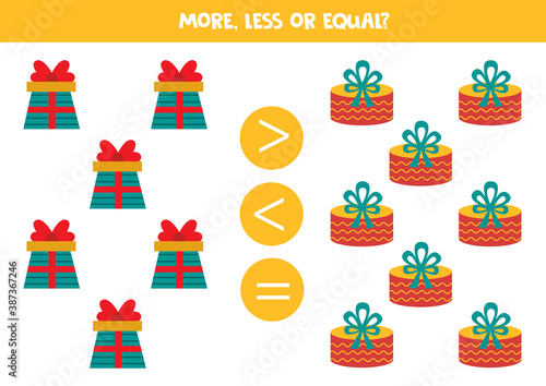 More  less  equal with cartoon Christmas gift boxes. Math equation for kids.
