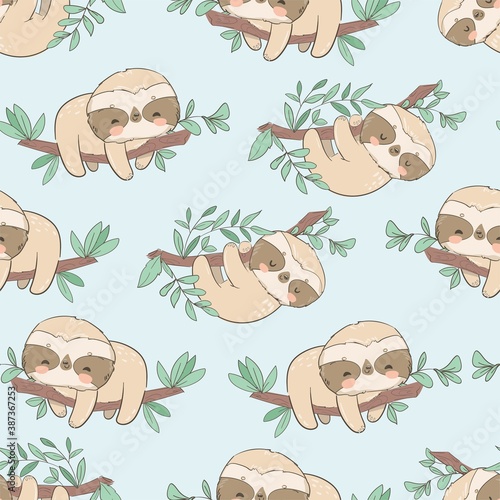 Cute fun sloths on a branch with leaves seamless pattern vector illustration