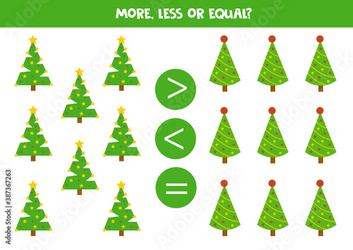 More, less or equal with Christmas trees. Educational math game for kids.