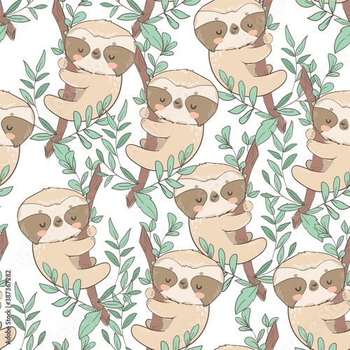 Cute fun sloths on a branch with leaves seamless pattern vector illustration