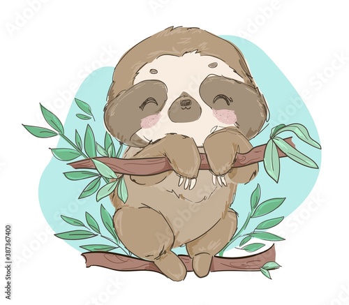 Hand drawn cute animal sloth on the tree vector illustration