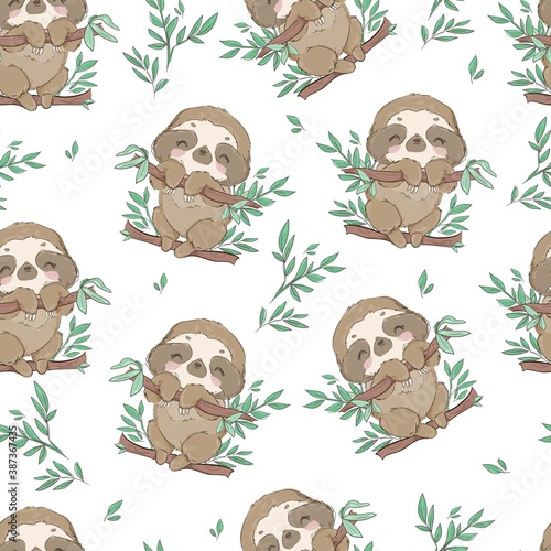 Seamless pattern cute fun sloths on a branch with leaves vector illustration