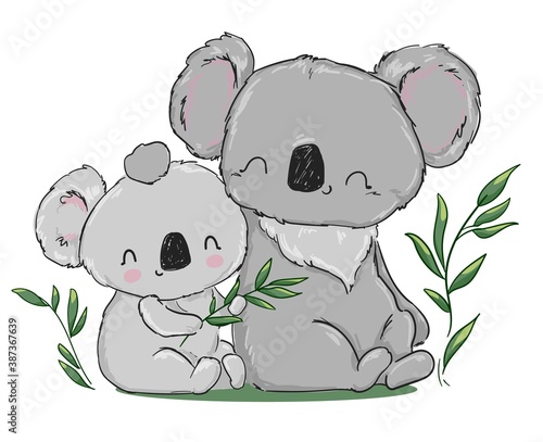 Hand drawn baby koala with mom koala sitting eucalyptus cute vector illustration