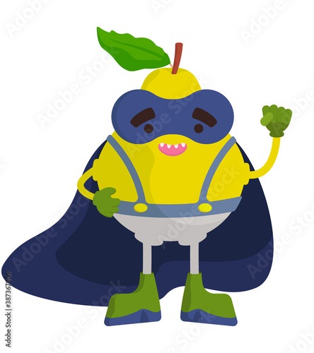 Funny fruit superhero. Pear in cartoon style.