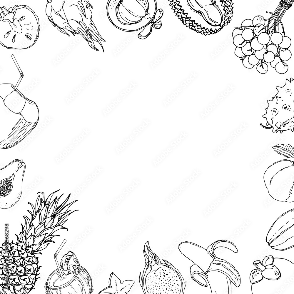 Flying exotic fruits on a white background. A sketch of food. Coconut, Physalis, mangosteen, pineapple, banana, jackfruit Flying exotic fruits on a white background. A sketch of food. Coconut, Physalis, mangosteen, pineapple, banana, jackfruit