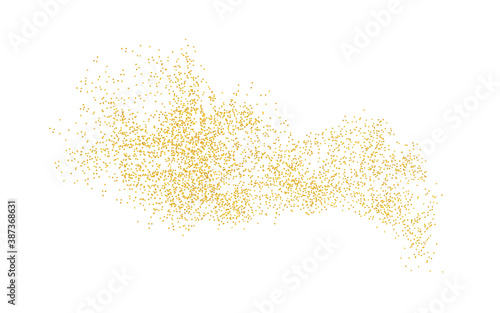Background plume golden texture crumbs. Gold dust scattering on a white background. Sand particles grain or sand assembled. Vector backdrop dune, pieces abstraction. Illustration grunge for design