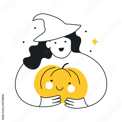 Halloween witch in a hat and an evil pumpkin. Halloween magic and celebration. Flat thin line isolated vector illustration on white