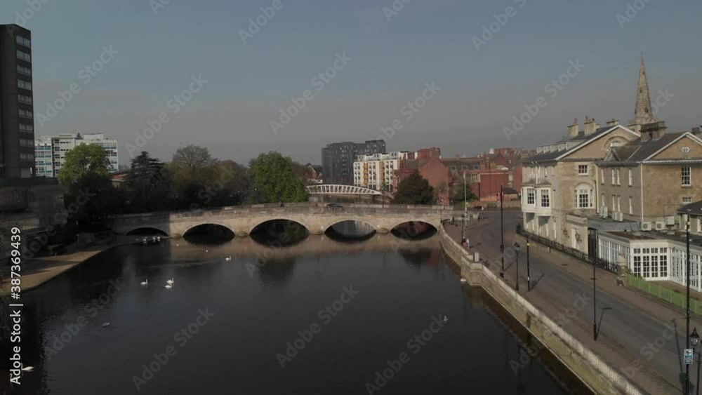 Bedford is a historic market and the county town of Bedfordshire, England, United Kingdom, Europe. Drone shots of city / town centre. River and statues in Bedford. Bedford is a historic market and the county town of Bedfordshire, England, United Kingdom, Europe. Drone shots of city / town centre. River and statues in Bedford.