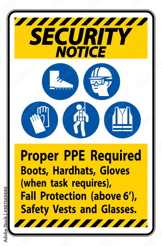Security Notice Sign Proper PPE Required Boots, Hardhats, Gloves When Task Requires Fall Protection With PPE Symbols Security Notice Sign Proper PPE Required Boots, Hardhats, Gloves When Task Requires Fall Protection With PPE Symbols