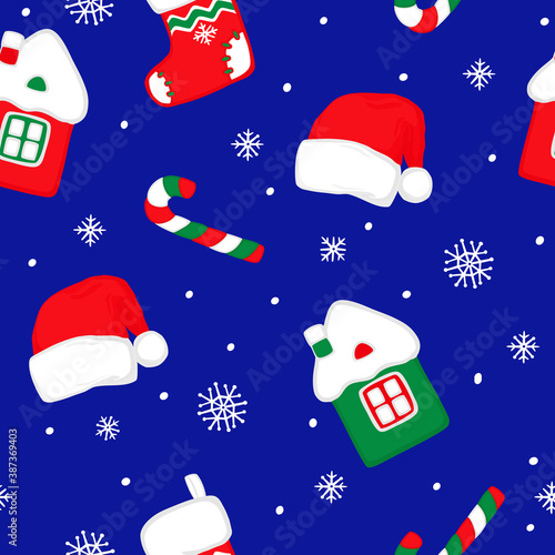 New Year and Christmas seamless cartoon pattern. Colorful socks, Santa hats, sugar canes, house on a blue background. Vector background with snowflakes and confetti.