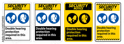 Security Notice Sign Double Hearing Protection Required In This Area With Ear Muffs & Ear Plugs