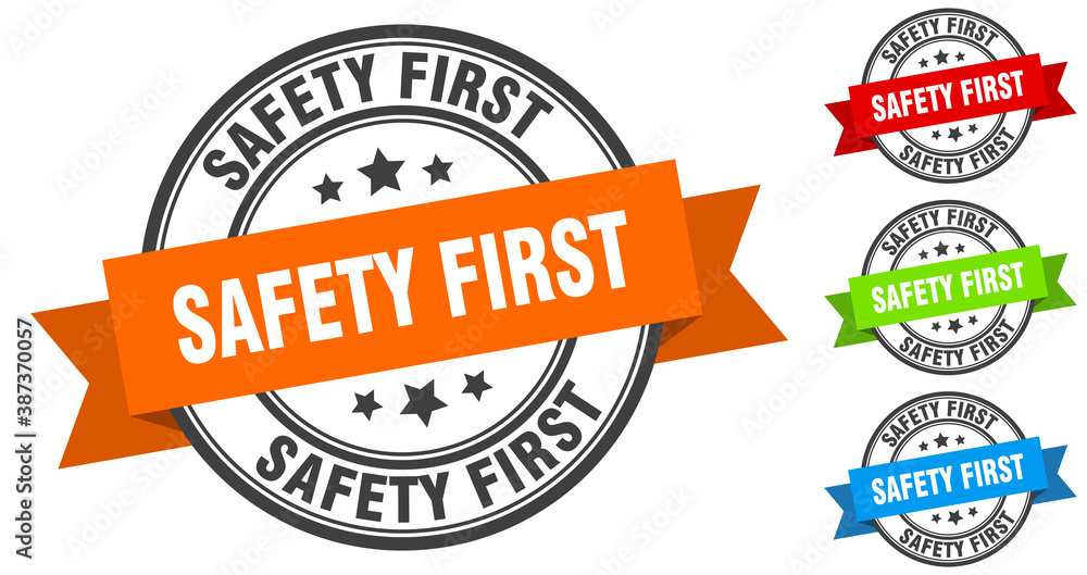 safety first stamp. round band sign set. label