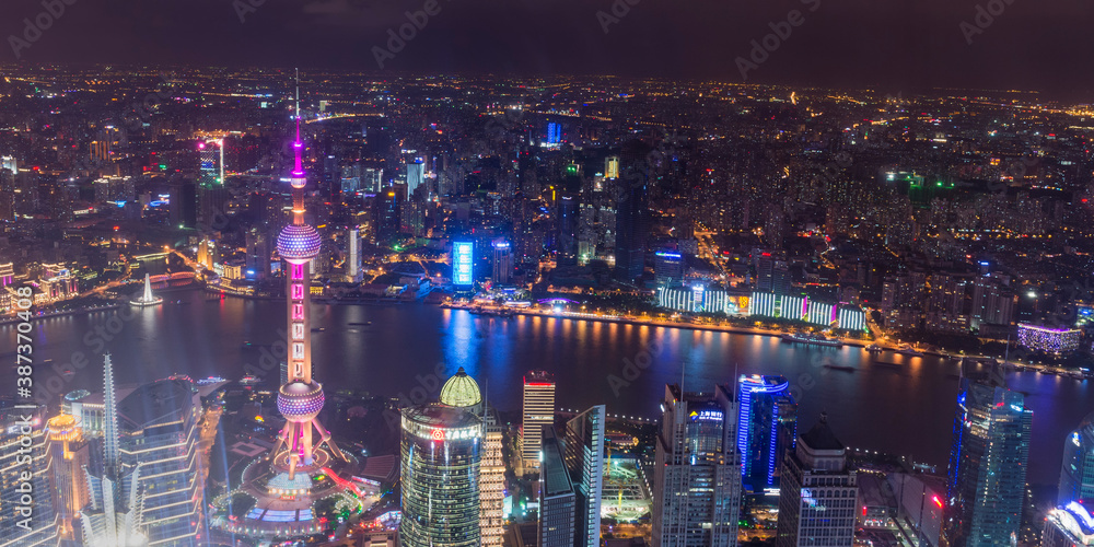 View over Pudong financial district at night, Shanghai, China