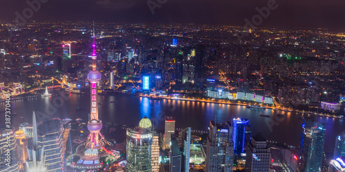 View over Pudong financial district at night, Shanghai, China