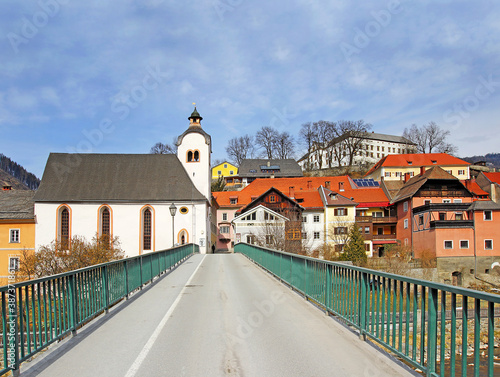 Austria, Murau - Evangelical Church (Evang. Elisabethkirche) and cityscape. Murau is the capital of the district of the same name in Styria, located along the Mur river. photo