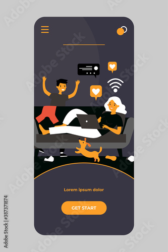 Mom with laptop living on social media. Children and pet making messy at home. flat vector illustration. Careless mother, internet addiction concept for banner, website design or landing web page