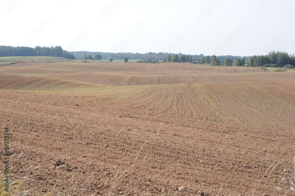 A farmable hilly farm landscape with field after harvest in autumn with brown soil
