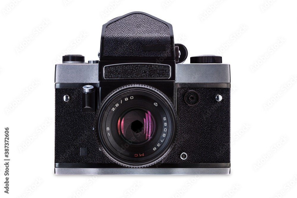 Vista frontale di fotocamere vintage su sfondo bianco, medio formato, 6x6
