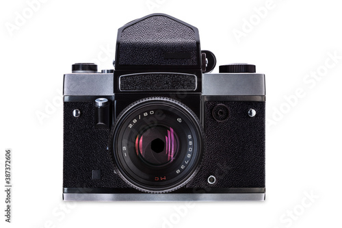 Vista frontale di fotocamere vintage su sfondo bianco, medio formato, 6x6
 photo