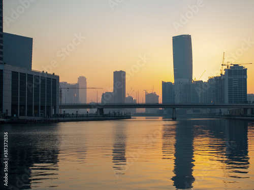 Sunrise at the Dubai water canal. UAE.