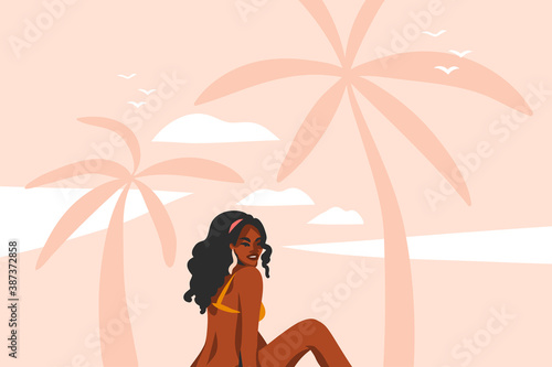 Hand drawn vector abstract stock flat graphic illustration with young ,happy black afro american beauty woman in swimsuit on sundown view scene on the beach isolated on pink pastel background