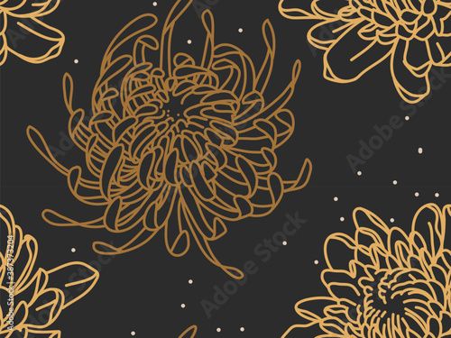 Hand drawn vector abstract flat stock graphic icon illustration sketch seamless pattern with chrysanthemum flowers , mystic and simple outline shapes isolated on black background.