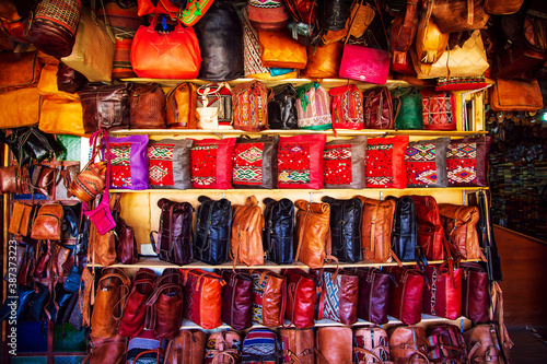 Bright leather bags in the Moroccan market.