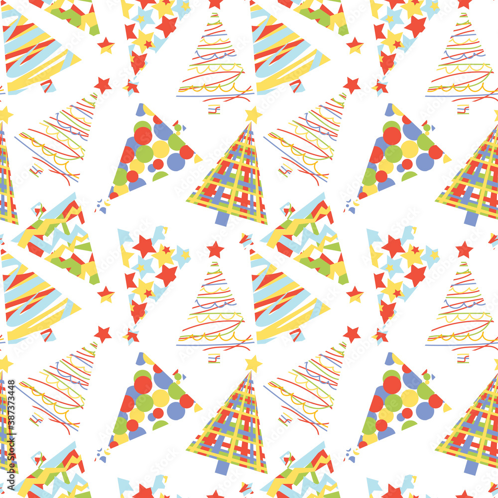 Obraz premium WebAbstract vector ornament with designer Christmas trees on a white background. Bright seamless pattern for for cards, wrapping paper, fabric,invitations and other purposes.