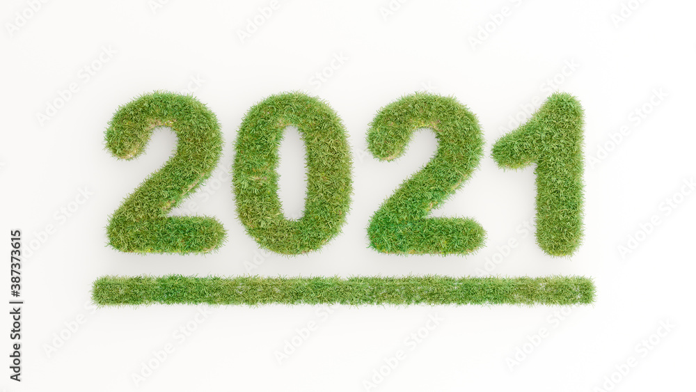 3d render of green grass on happy new year 2021 text 3d render of green grass on happy new year 2021 text