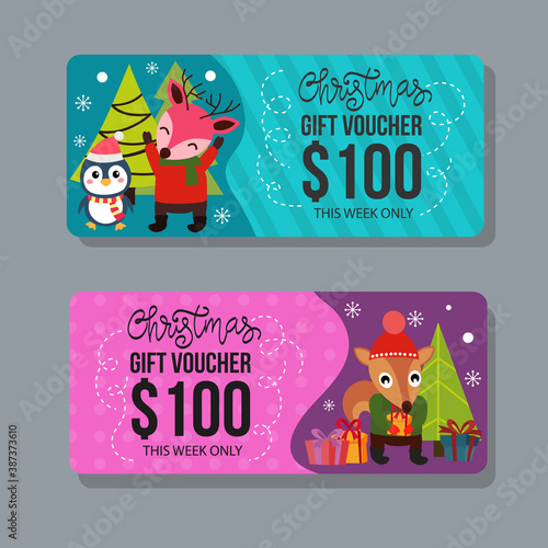 christmas gift voucher template with happy characters
