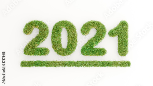 3d render of green grass on happy new year 2021 text