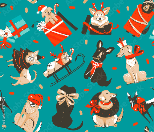 Hand drawn vector abstract fun stock flat Merry Christmas,and Happy New Year time cartoon festive seamless pattern with cute dog illustrations of Xmas retro gift boxes isolated on color background
