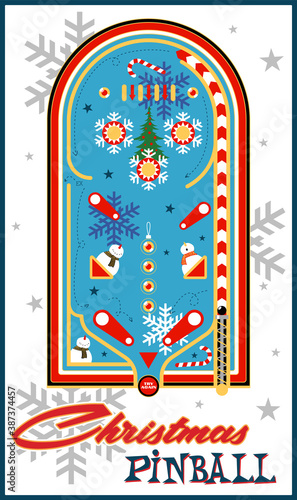 Christmas Pinball Vector Illustration, Arcade Game Playfield Winter Holiday Background 