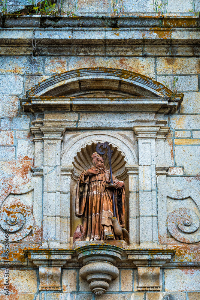 St. Martin of Tibaes Monastery, detail of the facade, statue, Braga, Minho, Portugal