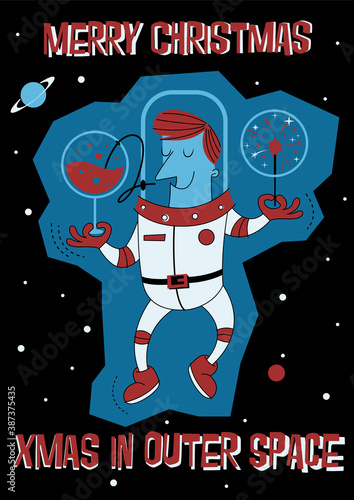 Christmas Party in Outer Space Winter Holiday Greeting Card, Astronaut, Sparkle and Wine 