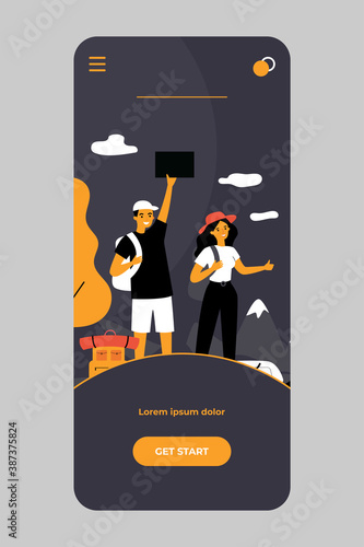 Happy tourist couple hitchhiking on road. Man and woman with backpacks standing on roadside and thumbing for ride. Vector illustration for hitchhikers, lifestyle, road trip, travel by car concept