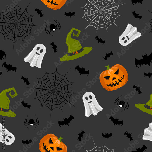 Halloween seamless background with pumpkin, spider webs, bats and witch hat. For gift paper, textiles, clothes, social networks, wallpaper, prints, festive decor