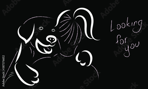Flat white illustration on black background, big dog put paws on the girl's shoulders