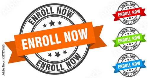 enroll now stamp. round band sign set. label