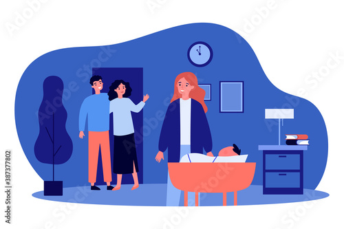 Parents leaving baby with nanny. Toddler, cradle. Flat vector illustration. Babysitting concept can be used for presentations, banner, website design, landing web page