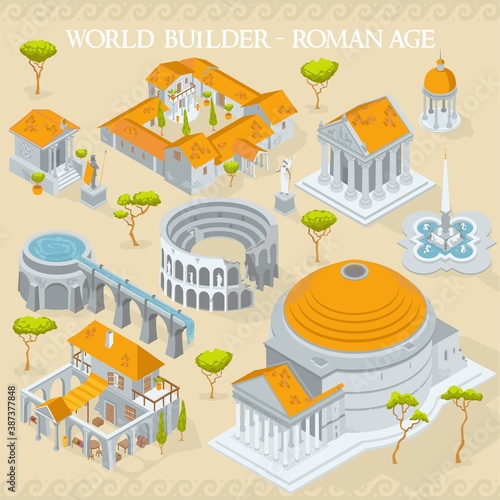 Ancient Roman Empire age map builder illustrations of architecture elements in isometric isolated vector illustration