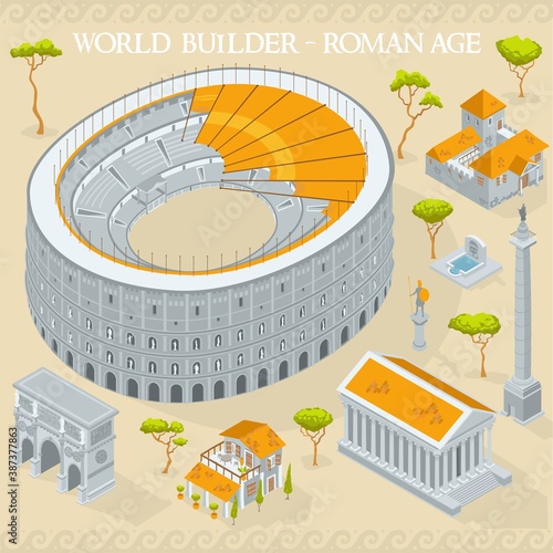 Ancient Roman Empiere age map builder illustrations of architecture elements in isometric isolated vector illustration