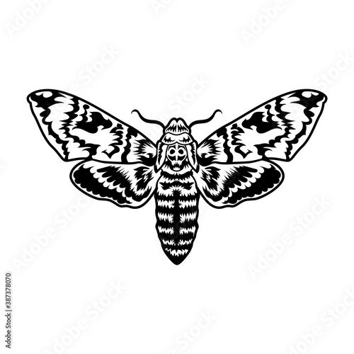 Retro black tattoo moth. Vintage art isolated element on white background. Flat vector illustration. Tattoo studio and design elements concept