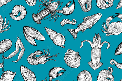 Seafoos seamless pattern. hand drawn vector