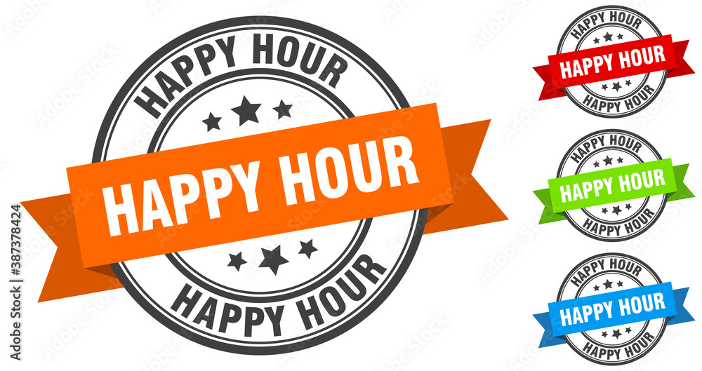 happy hour stamp. round band sign set. label