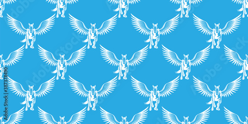 Seamless pattern with white pegasus on a blue background.