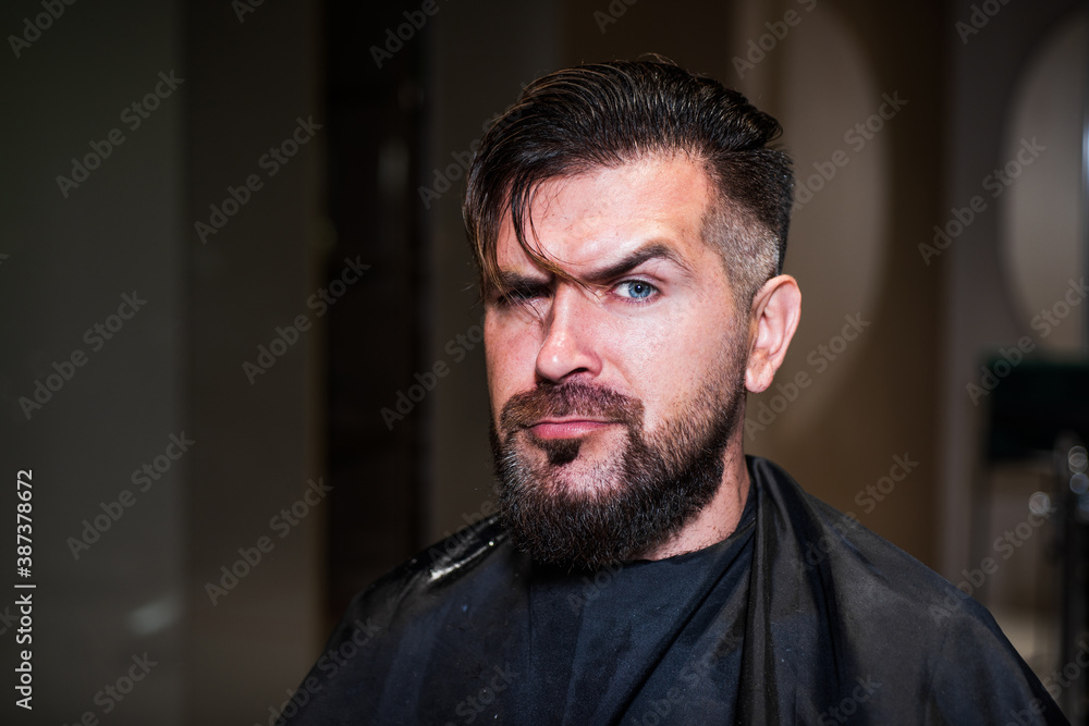 male barber care. bearded man in hairdresser salon. beauty and fashion. hair and beard styling. brutal guy visiting barbershop professional master. hipster with wet hair. facial care male barber care. bearded man in hairdresser salon. beauty and fashion. hair and beard styling. brutal guy visiting barbershop professional master. hipster with wet hair. facial care