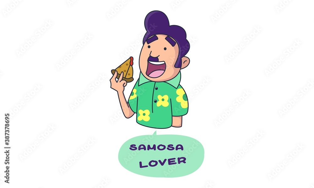 Vector cartoon illustration of boy is showing samosa. Lettering text Samosa  Lover. Isolated on white background. Stock Vector | Adobe Stock