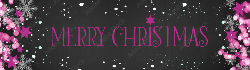 Fototapeta premium Festive Merry Christmas background banner Panorama, card template -Pink Stars, bokeh lights, ice crystals and snowy snowflakes, isolated on dark black night texture, with copy space