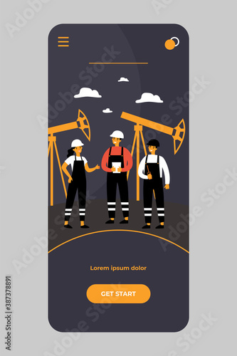 Oil refinery engineers working on factory. People wearing helmets and overalls standing at petroleum pipes. For oil and gas industry, production, pipelines concept